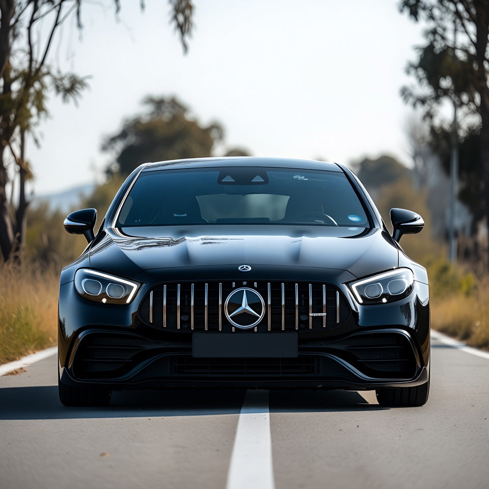 Mercedes-Benz car on a road with trees in the background