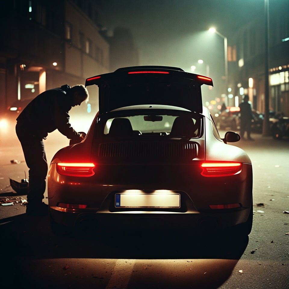 Person working on a car with open trunk at night in an urban setting